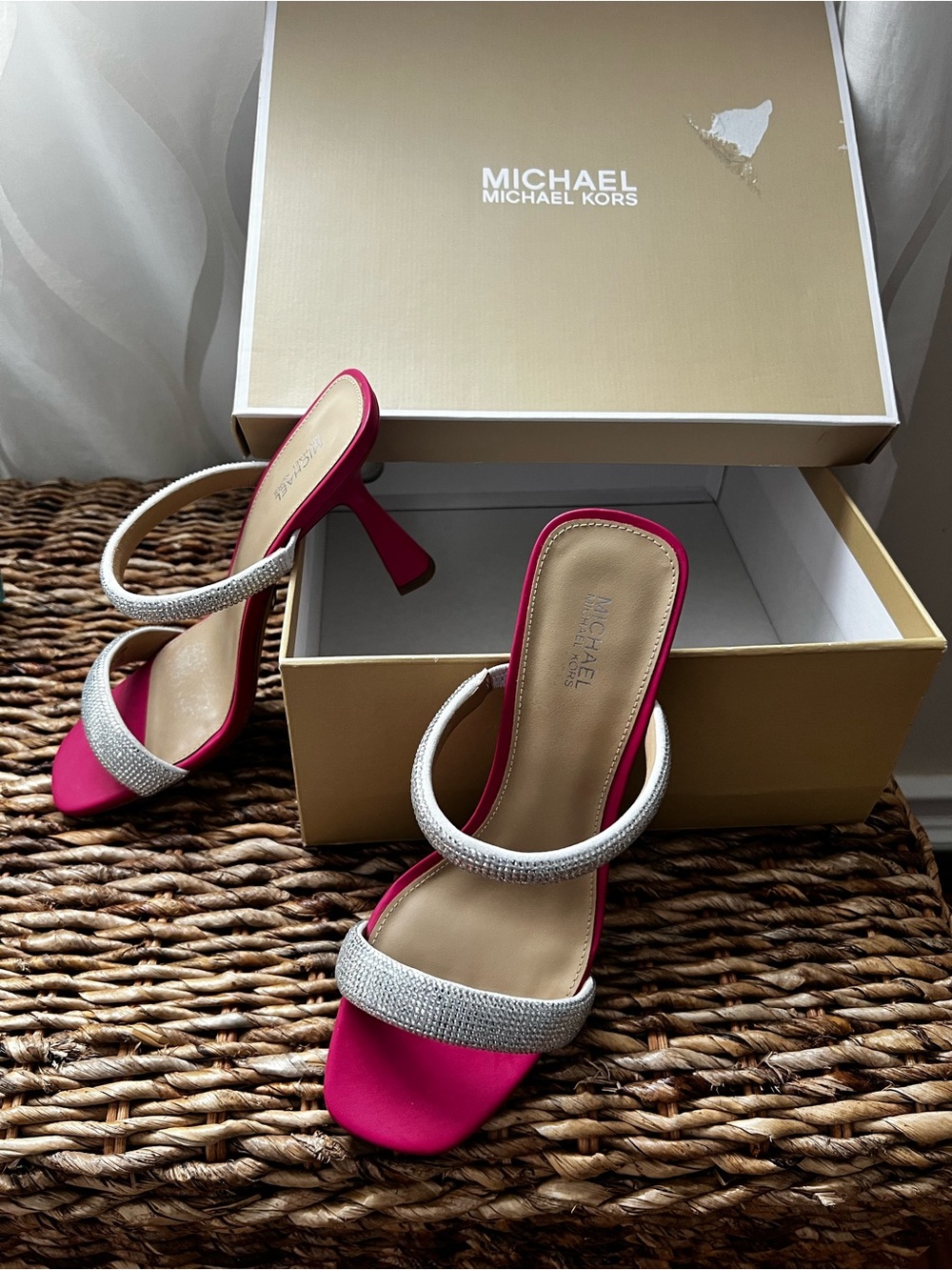 MICHAEL Michael Kors Fuchsia Heeled Sandals with Rhinestone Straps
